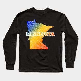 Colorful mandala art map of Minnesota with text in blue, yellow, and red Long Sleeve T-Shirt